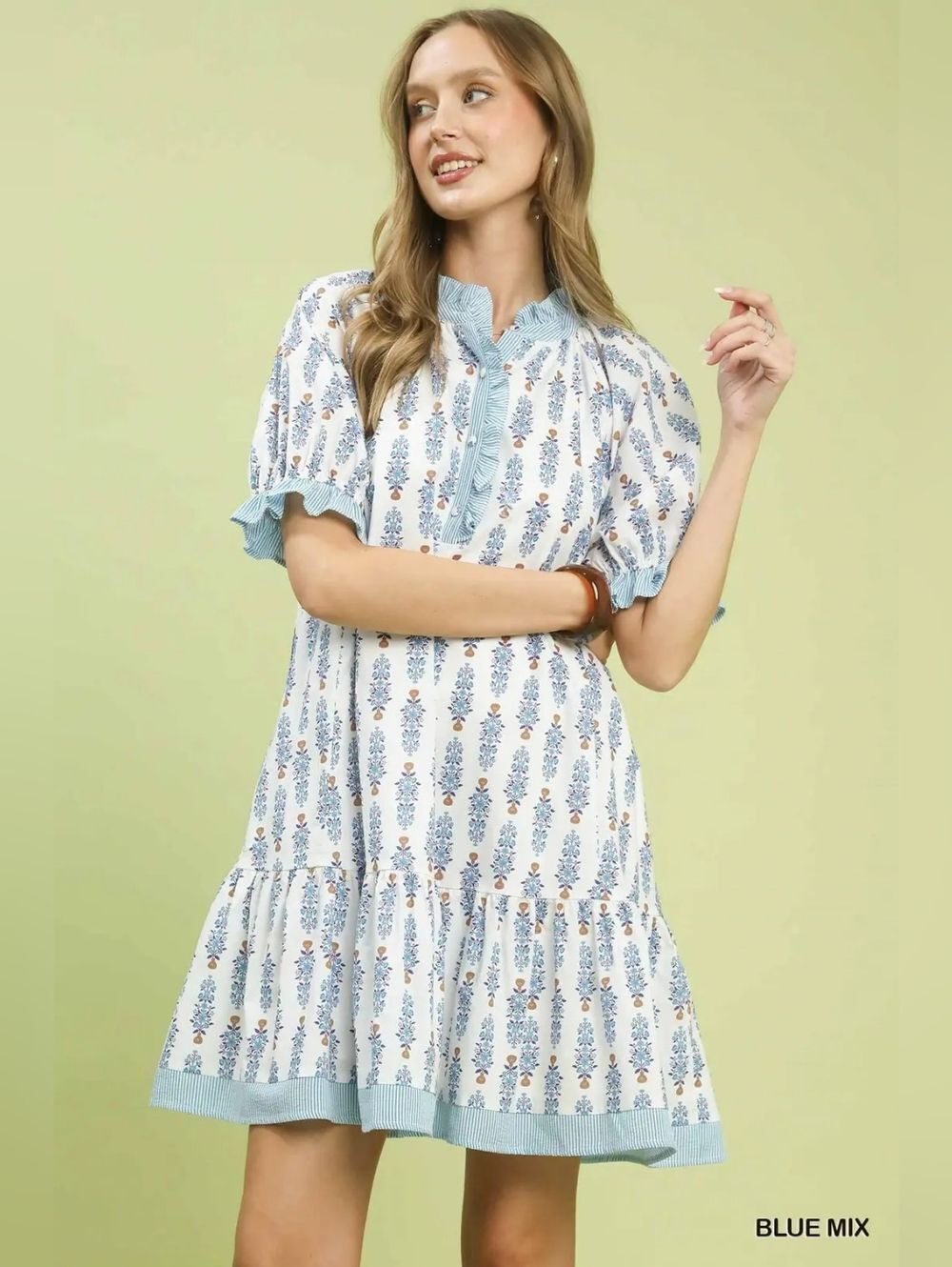 Umgee Casual Dress Mini Striped Floral Tiered Blue Short Dress Ruffle Hem Medium